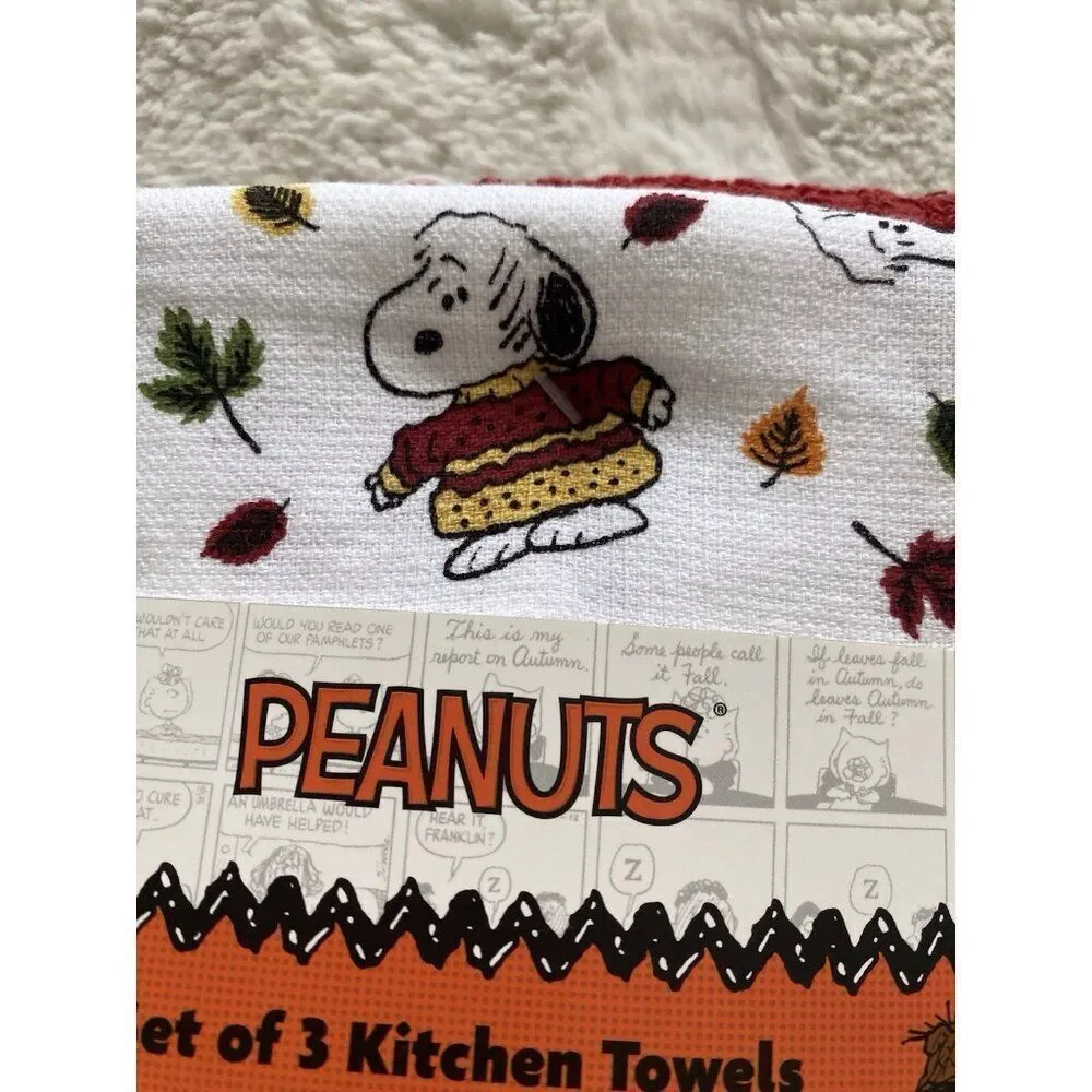 3 Pack Peanuts Snoopy Chunky‎ Sweater Fall Autumn Leaves Kitchen Towels 16 X 26”